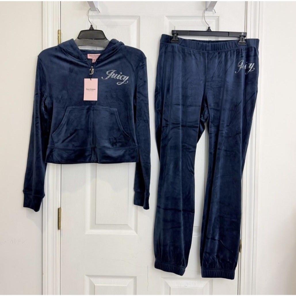 Juicy Couture Size L Velour Bling Tracksuits Set Jacket Jogger Regal Blue Nwt